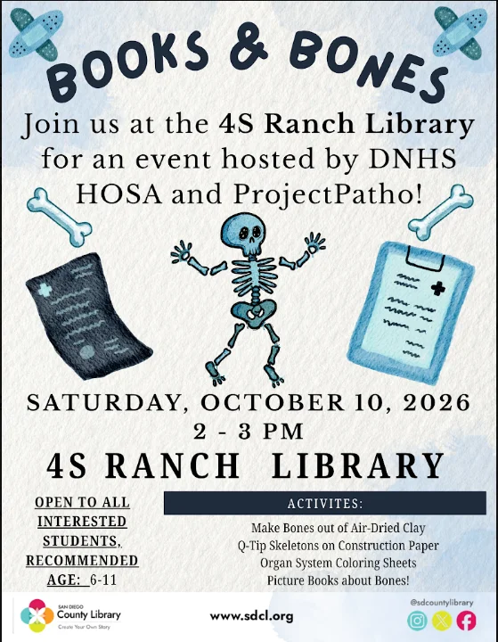 Flyer for Books & Bones, hosted by DNHS HOSA and ProjectPatho, Saturday October 10, 2026 from 2 to 3 PM at the 4S Ranch Library, recommended for ages 6 to 11