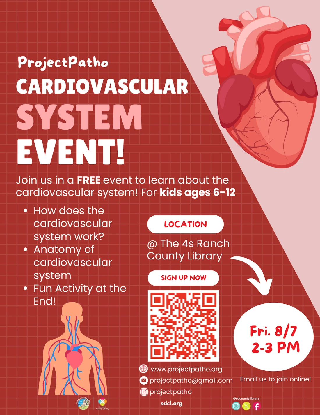 Flyer for the ProjectPatho Cardiovascular System Event for kids ages 6 to 12, Friday 8/7 from 2 to 3 PM at the 4s Ranch County Library