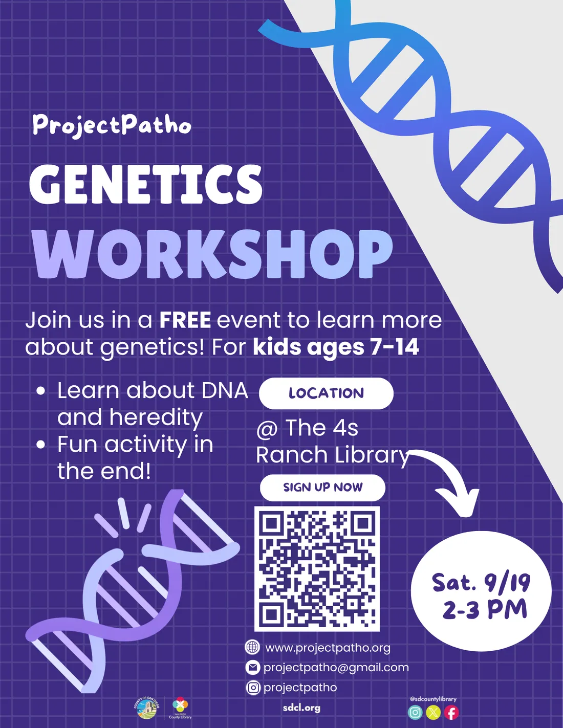 Flyer for the ProjectPatho Genetics Workshop for kids ages 7 to 14, Saturday 9/19 from 2 to 3 PM at the 4s Ranch Library