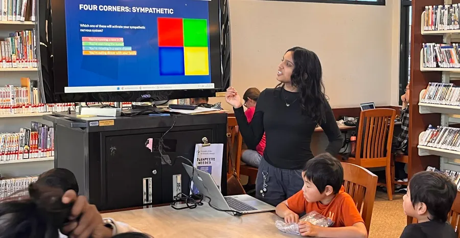 Children take part in a 'four corners' activity about the sympathetic nervous system
