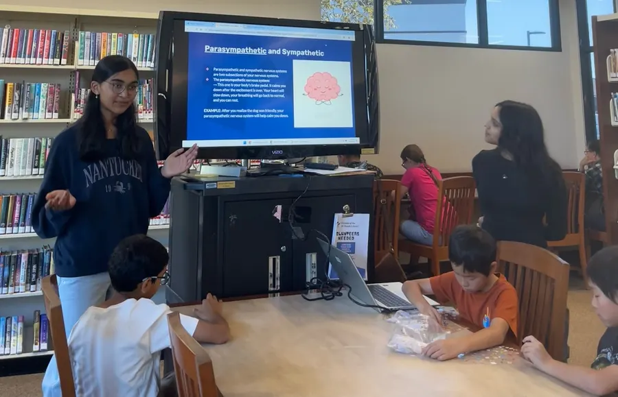 A volunteer presents a slide comparing the sympathetic and parasympathetic systems