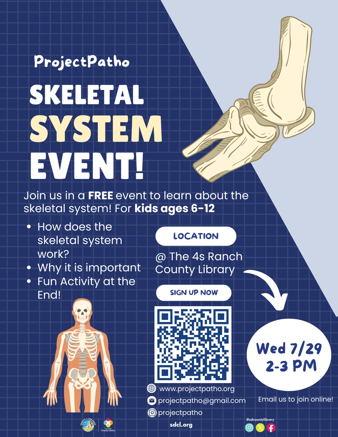 Flyer for the ProjectPatho Skeletal System Event for kids ages 6 to 12, Wednesday 7/29 from 2 to 3 PM at the 4s Ranch County Library