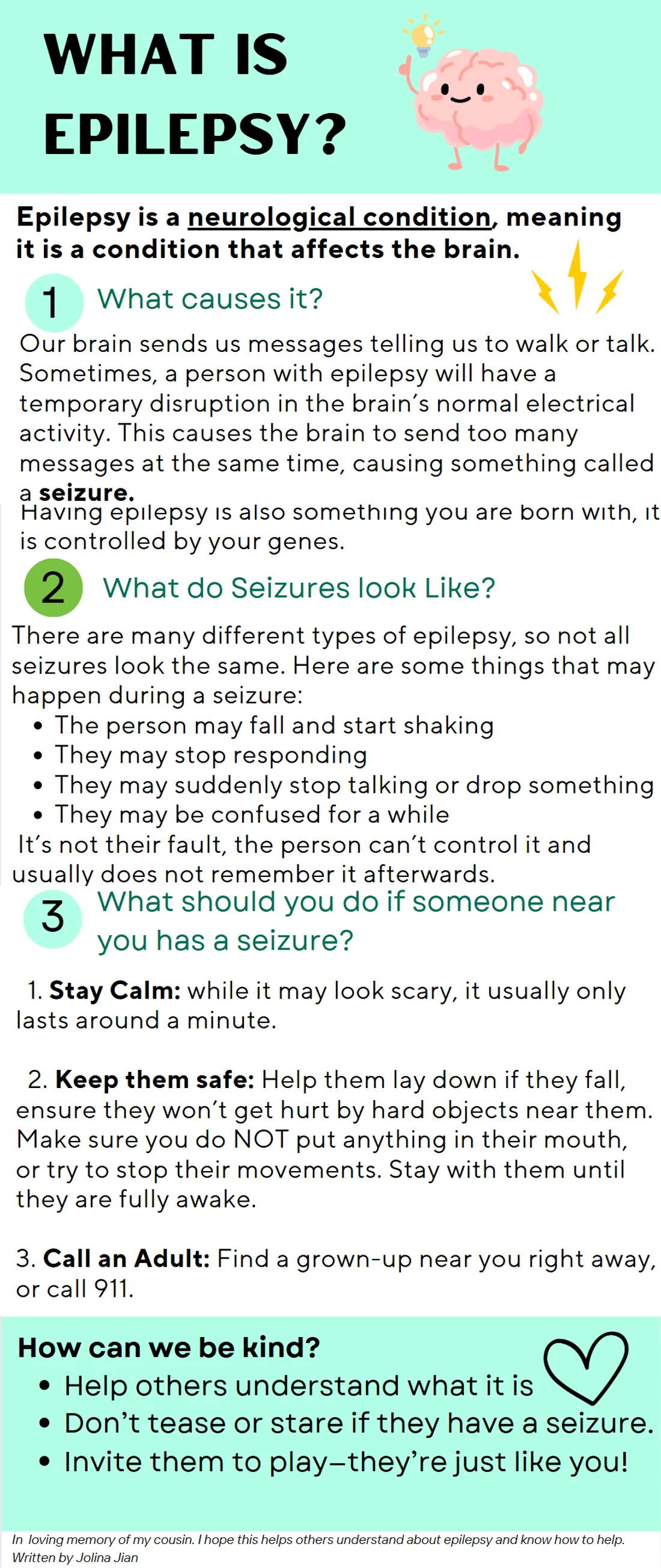 Info poster about epilepsy: what causes it, what seizures look like, what to do if someone near you has a seizure, and how to be kind